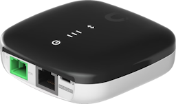 Black and white fiber router with white indicator lights on the top.