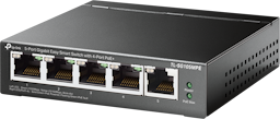 Network switch with 5 ethernet ports on the front.