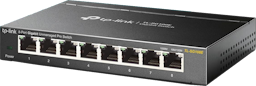 Network switch with 8 ethernet ports on the front.