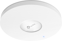 Ceiling-mounted access point with a blue power indicator light near the bottom.