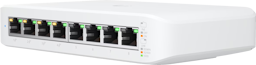 Network switch with 8 ethernet ports on the front.