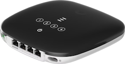 Black and white fiber router with white indicator lights on the top.