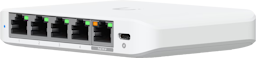 Network switch with 5 ethernet ports on the front.